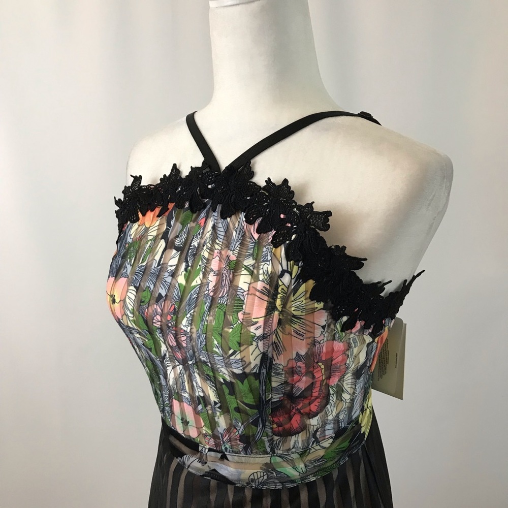 Floral print black striped dress w/chiffon (#148)